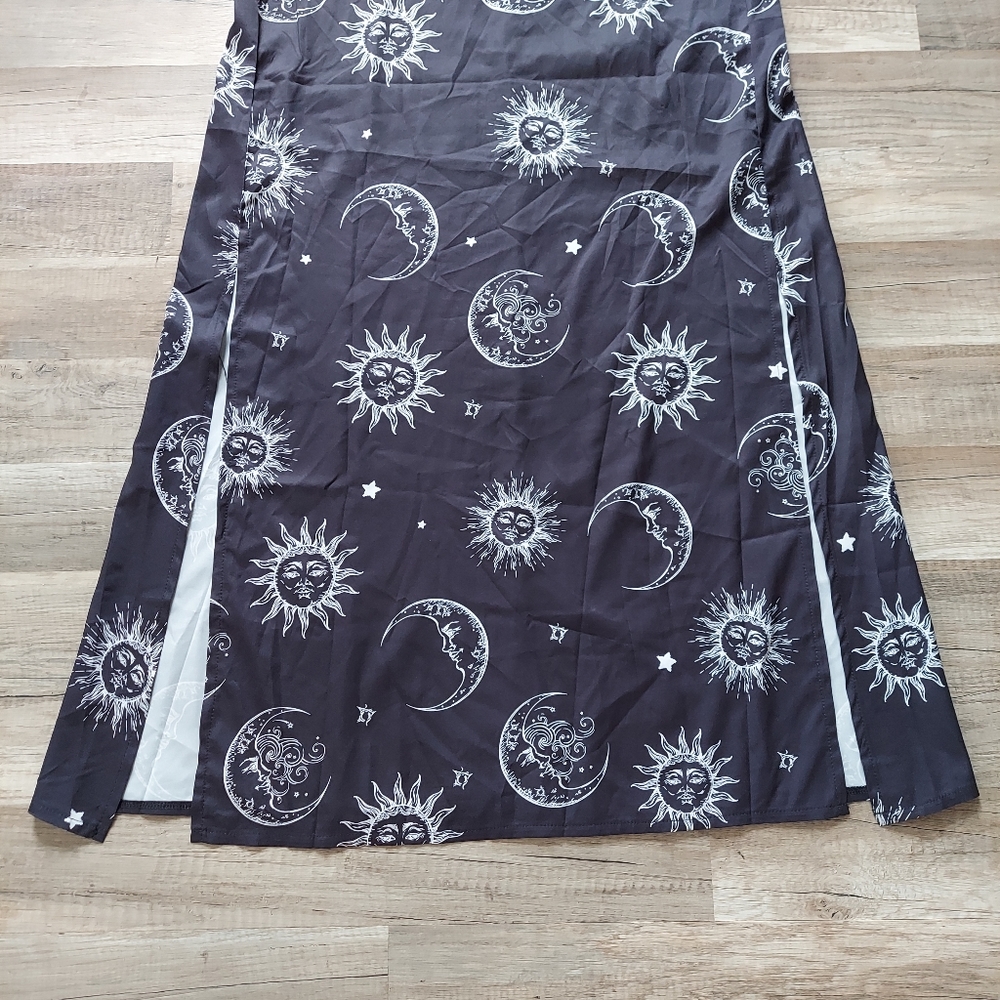 Celestial Sun Moon Star Print Midi Dress Large Goth Witch Fairy Zodiac Astrology - Picture 6 of 13